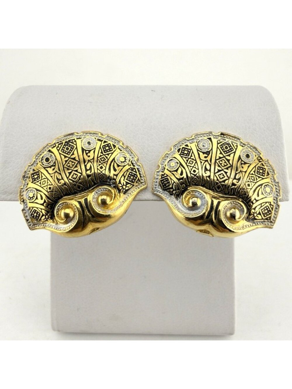 Vintage Damascene Earrings Shell Fan Gold Tone Clip On Geometric Scrollwork